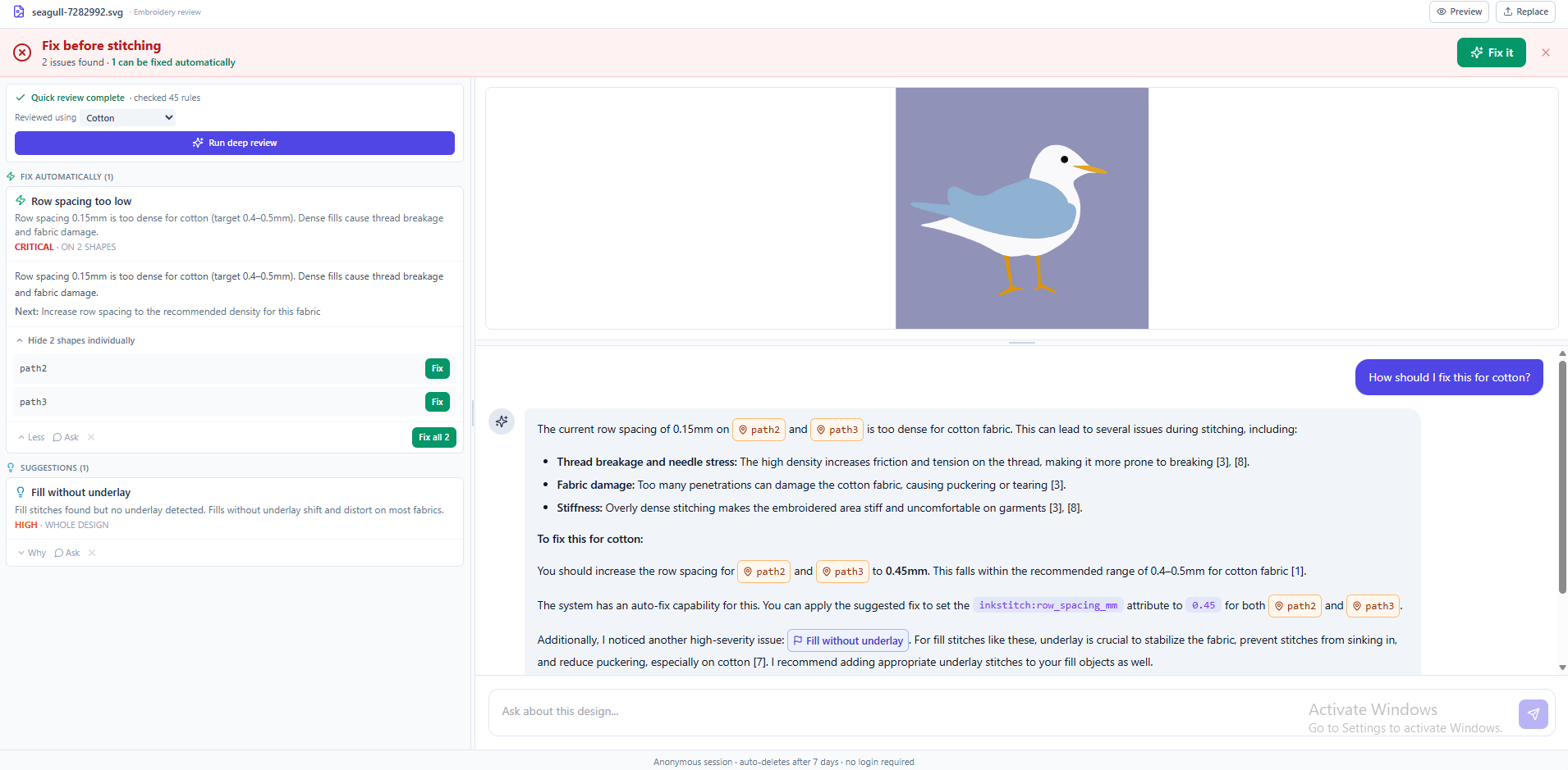 The StitchBase review opening in the browser: a design preview of an embroidery pattern, preflight findings like row spacing and underlay warnings, and a chat panel explaining how to fix them